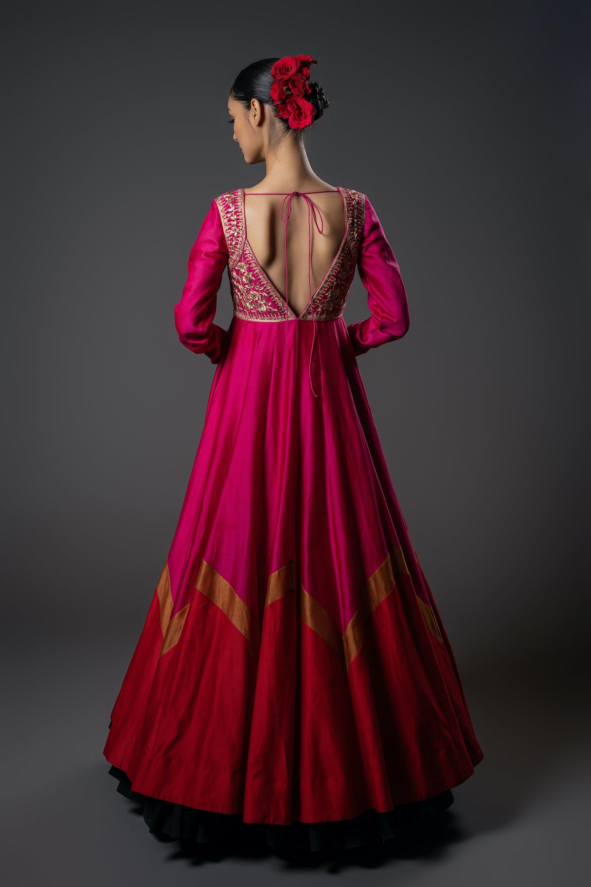 Fuchsia Red Chanderi Silk Floral Embroidered Anarkali Set