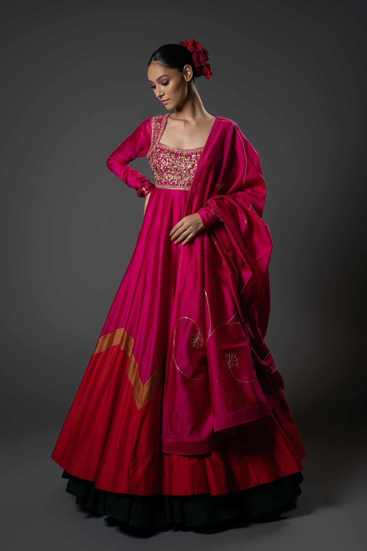 Fuchsia Red Chanderi Silk Floral Embroidered Anarkali Set