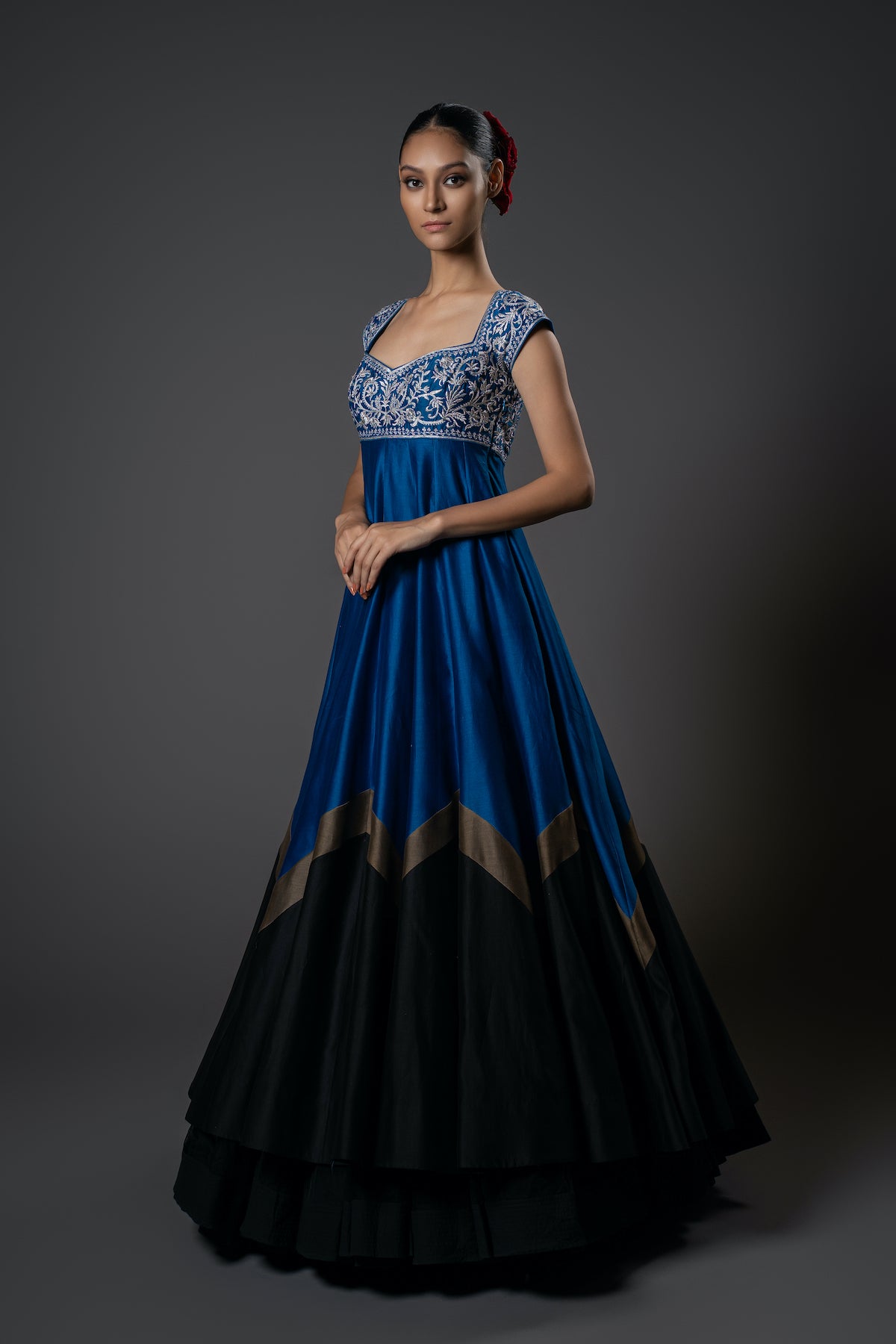 Blue Chanderi Silk Floral Embroidered Anarkali Set