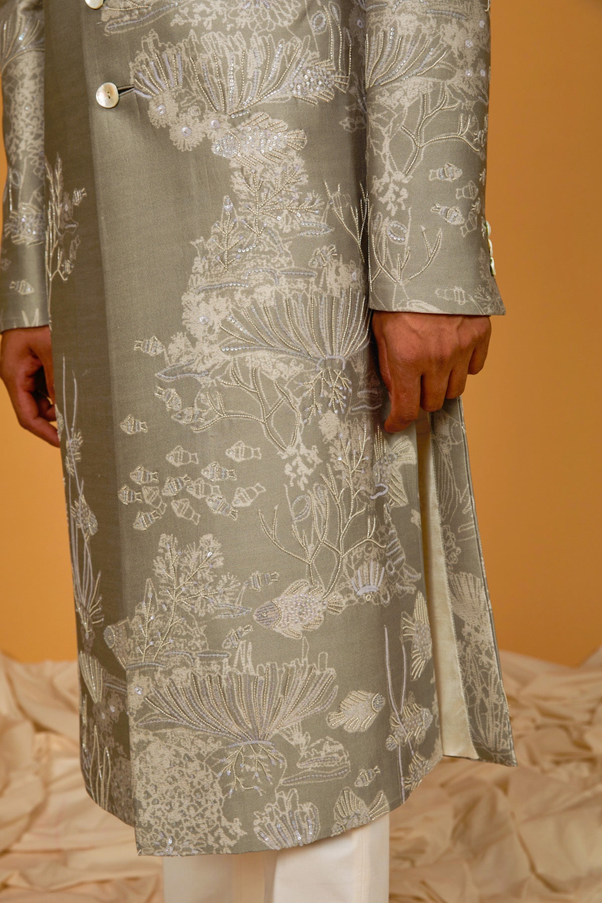 Ocean Grey Digital Printed Chanderi Silk Sherwani