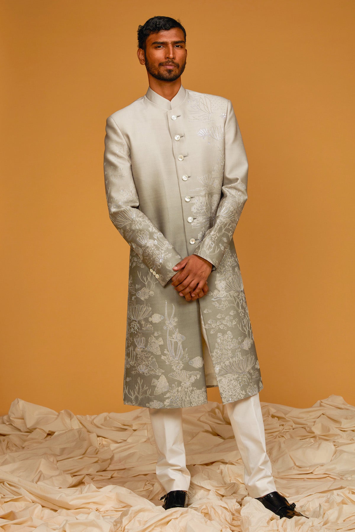 Ocean Grey Digital Printed Chanderi Silk Sherwani