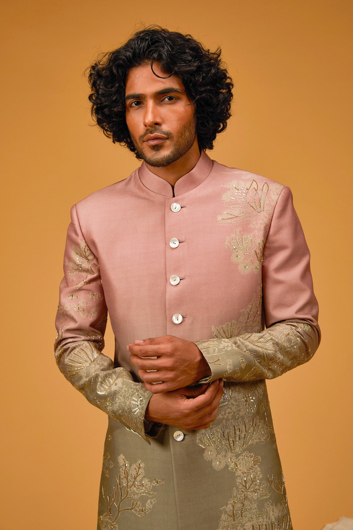 Ocean Green Digital Printed Chanderi Silk Sherwani