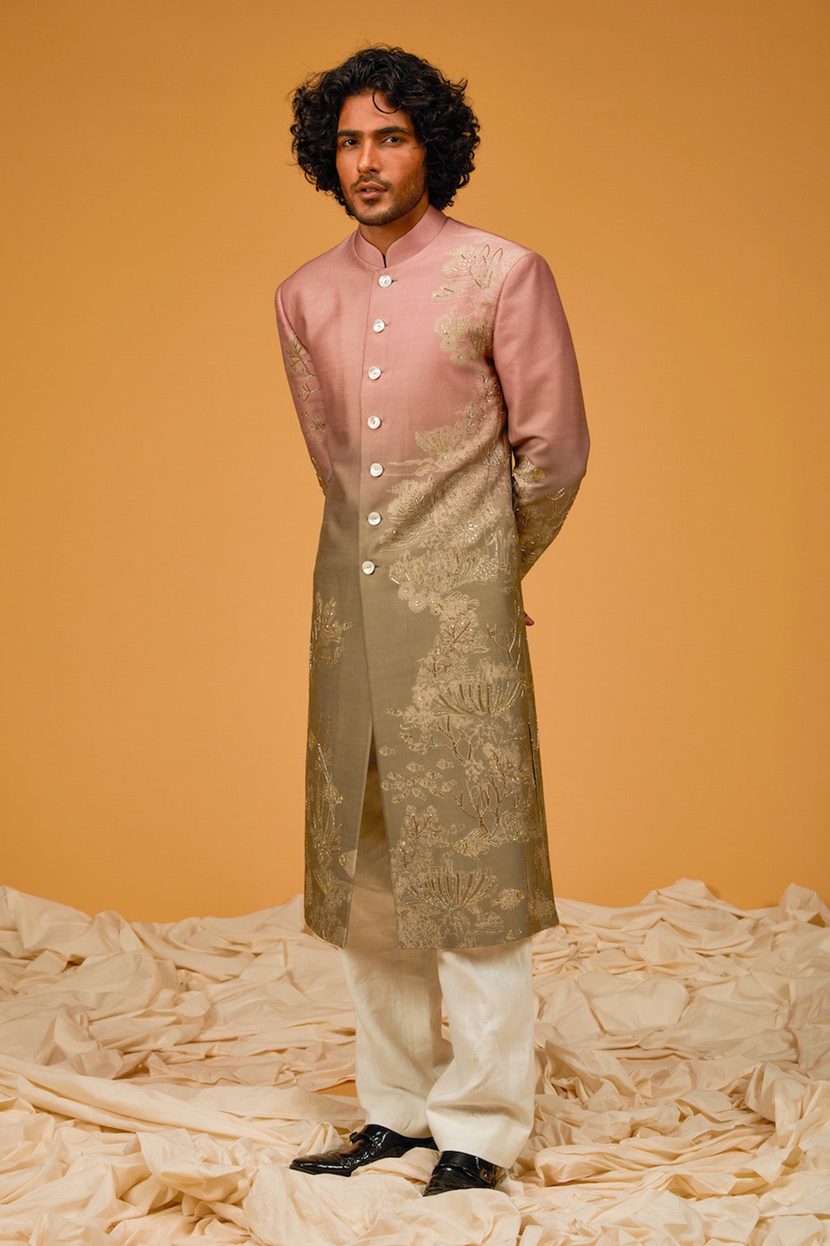 Ocean Green Digital Printed Chanderi Silk Sherwani