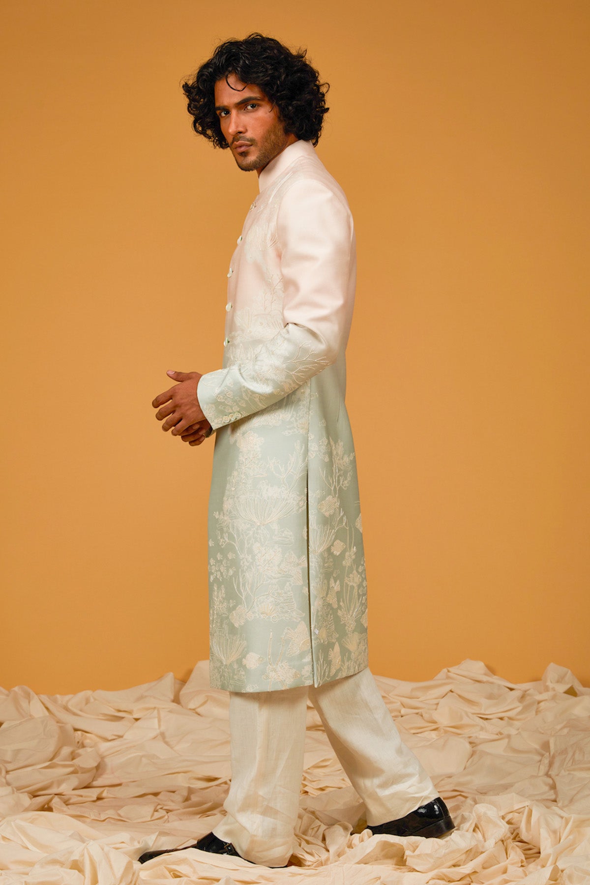 Ocean Blue Digital Printed Chanderi Silk Sherwani