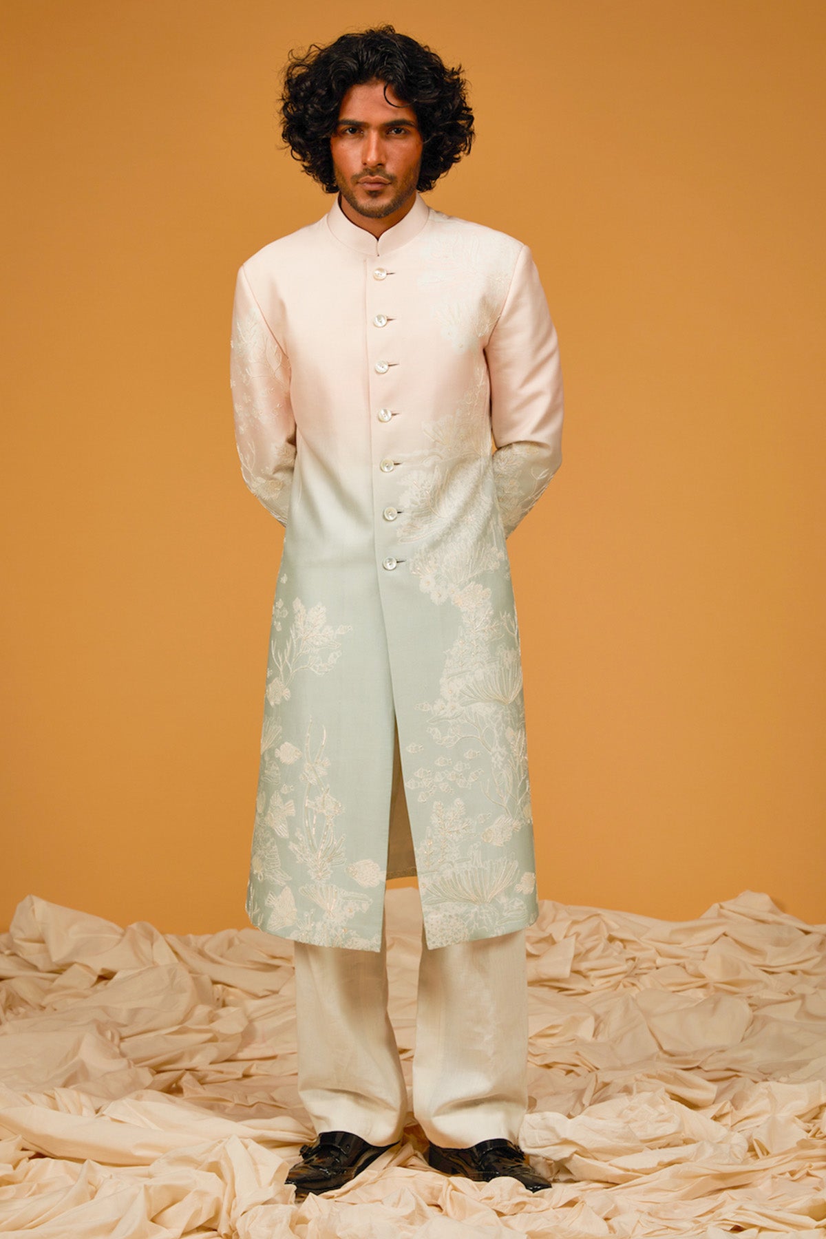 Ocean Blue Digital Printed Chanderi Silk Sherwani