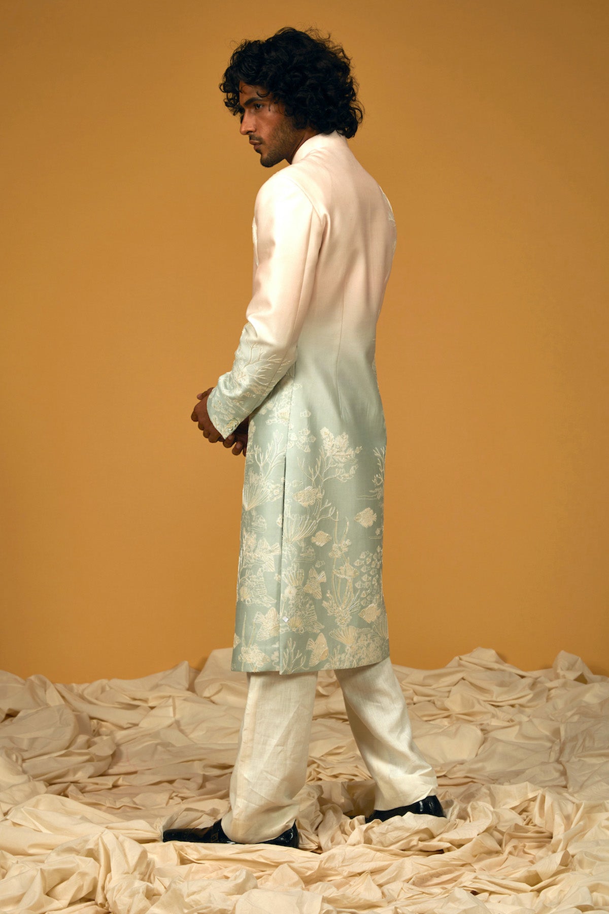 Ocean Blue Digital Printed Chanderi Silk Sherwani