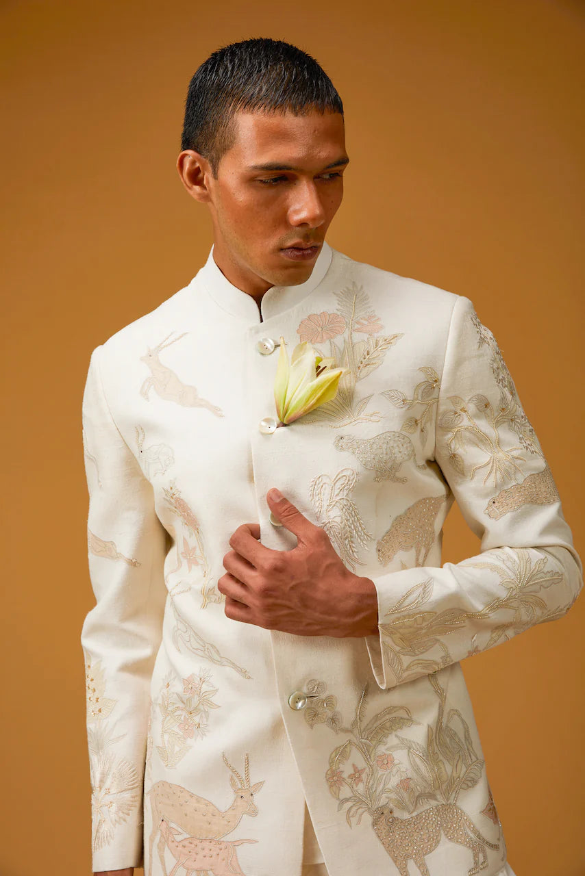 Ivory Jungle Bandhgala in Matka Silk with Embroidery