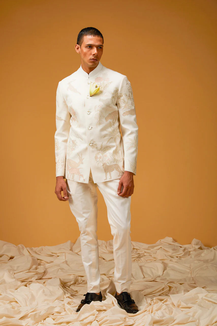 Ivory Jungle Bandhgala in Matka Silk with Embroidery
