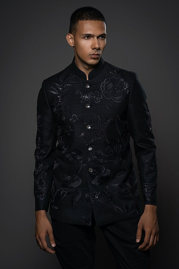 Black Matka Silk Resham Embroidered Bandhgala
