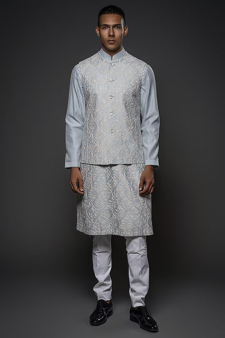 Powder Blue Chanderi Silk Resham Hand Embroidered Bundi Set