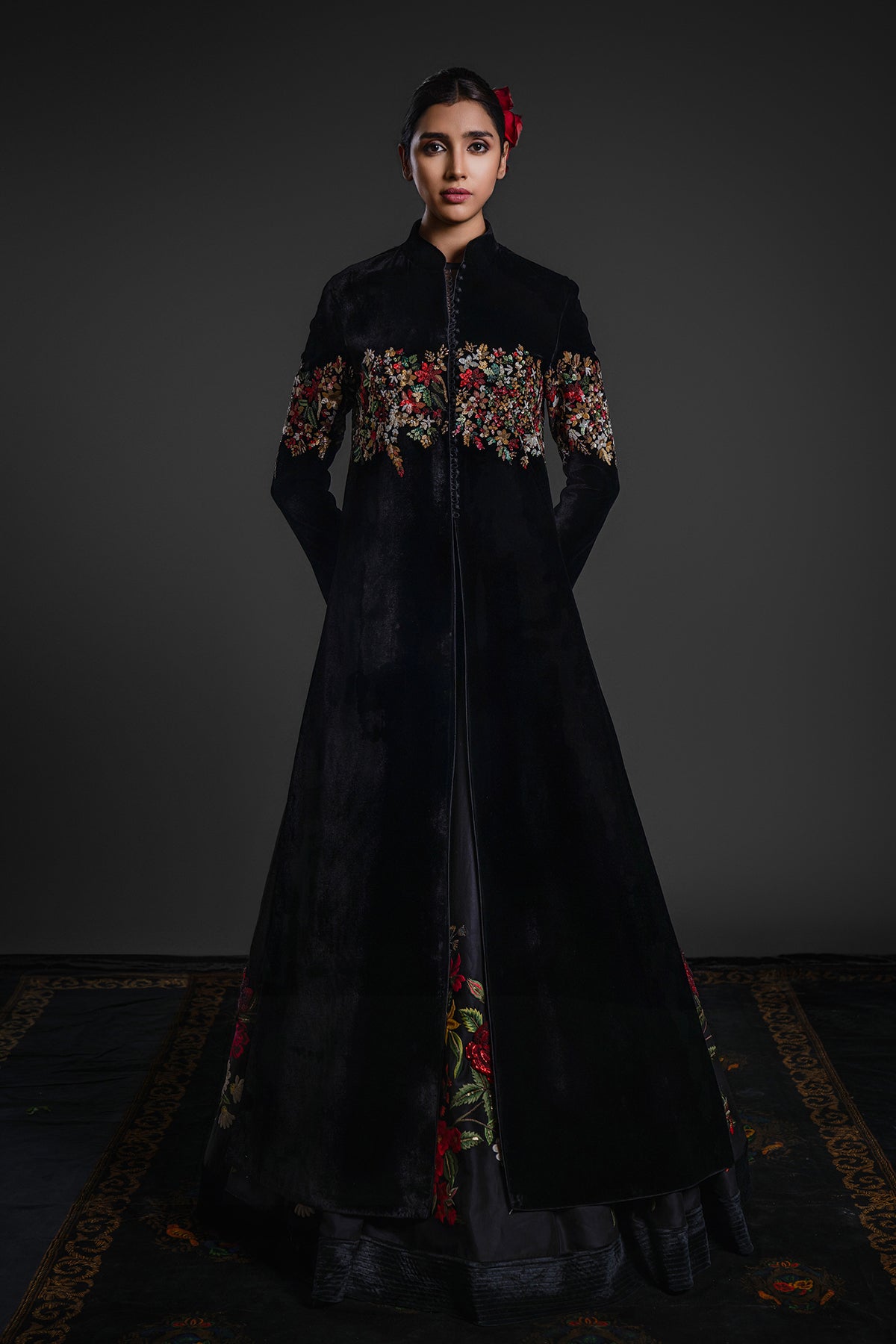 Black Long Velvet Jacket With Embroidery