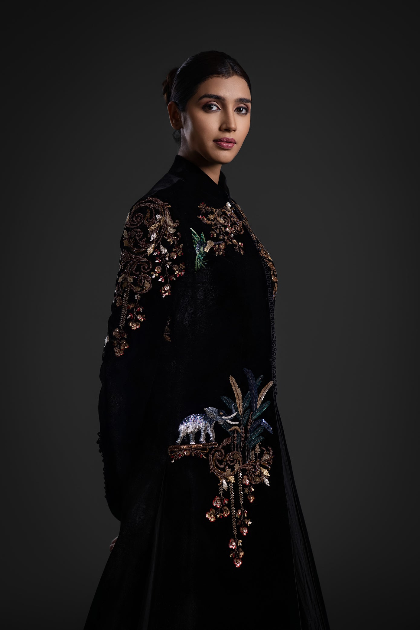 Elegant Black Velvet Long Jacket with Resham Embroidery