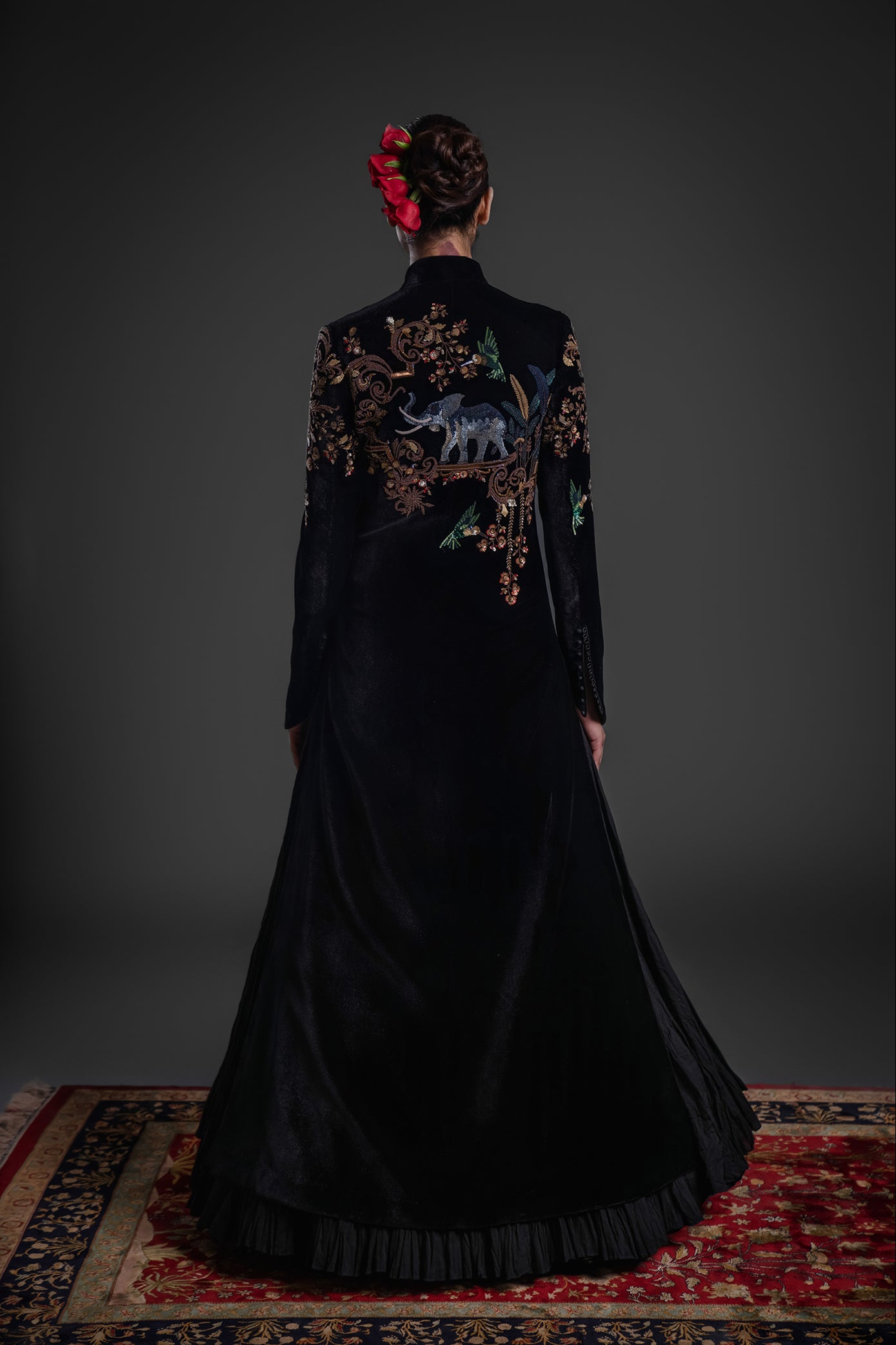 Elegant Black Velvet Long Jacket with Resham Embroidery