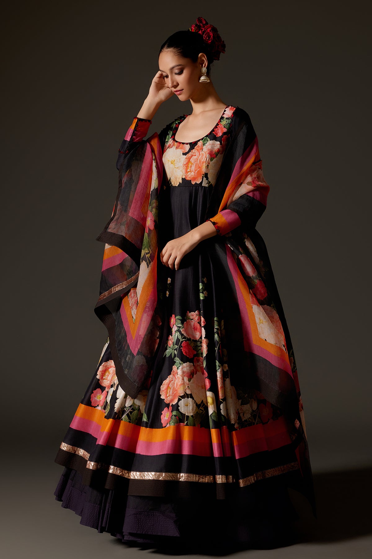 Elegant Black Anarkali Set With Churidar And Dupatta