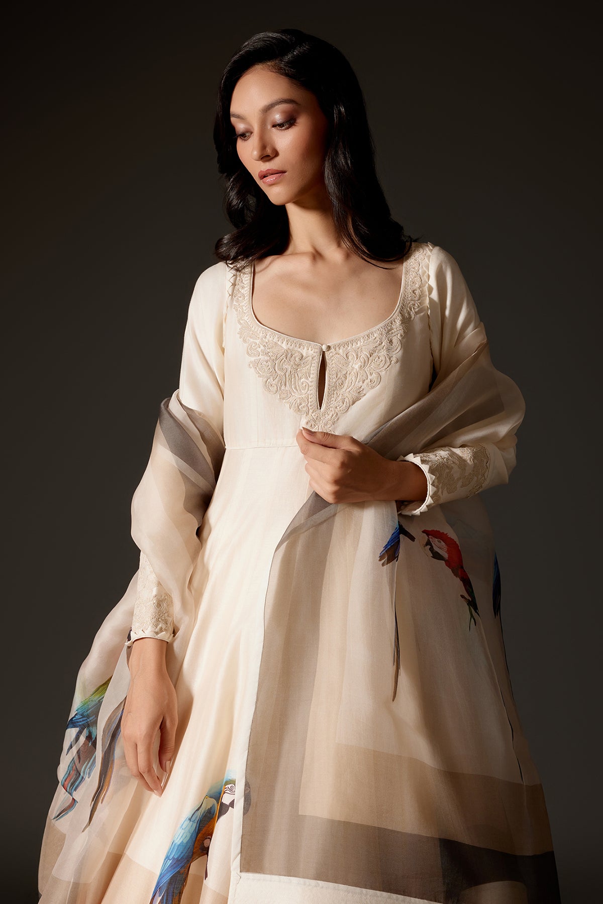 Ivory Printed Anarkali Set With Churidar And Dupatta