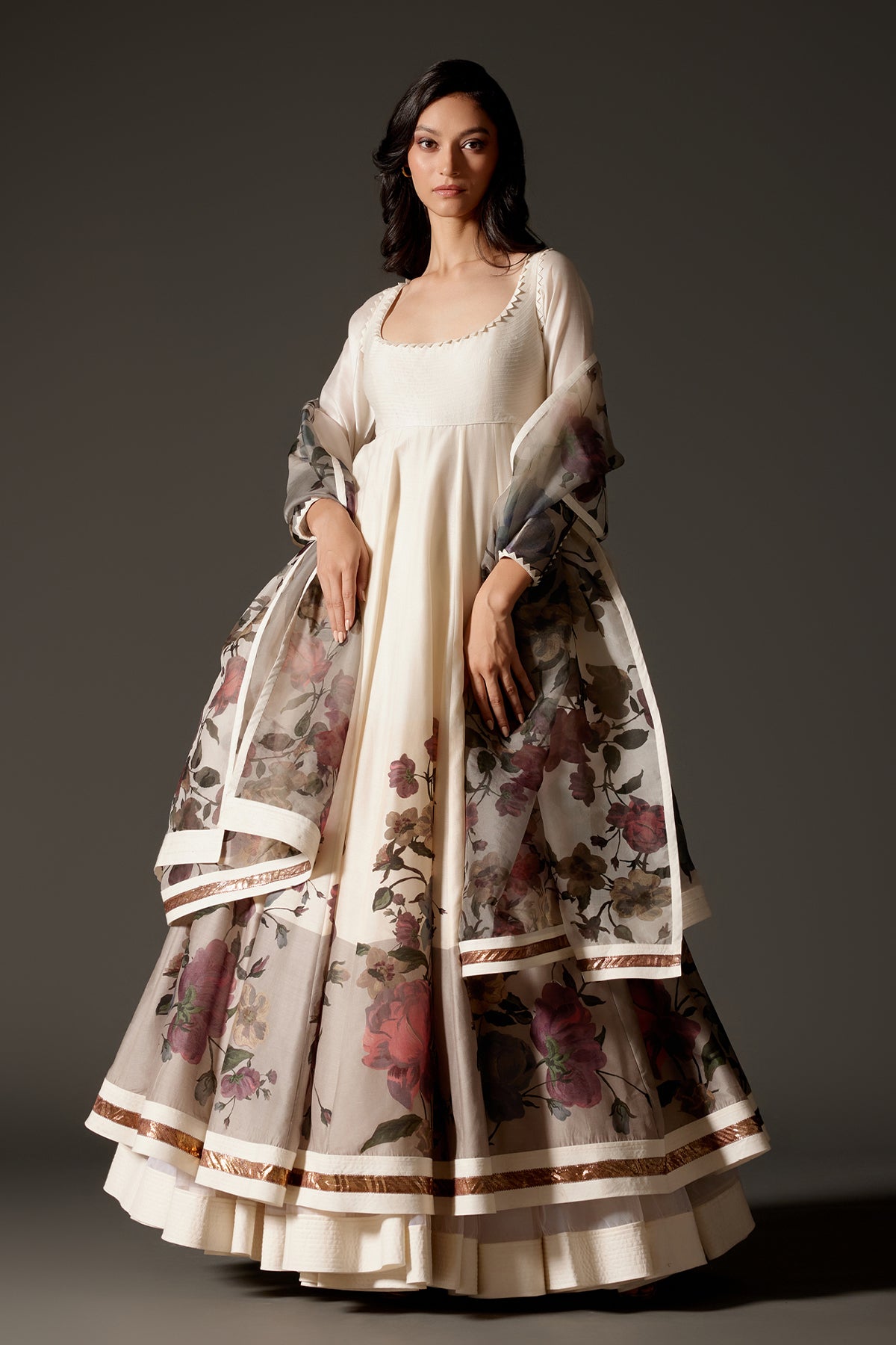 Ivory Printed Anarkali Set With Churidar And Dupatta