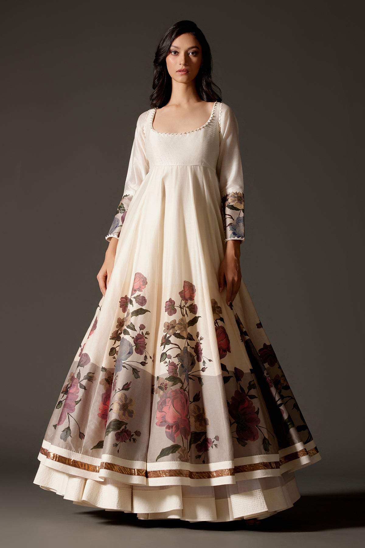 Ivory Printed Anarkali Set With Churidar And Dupatta