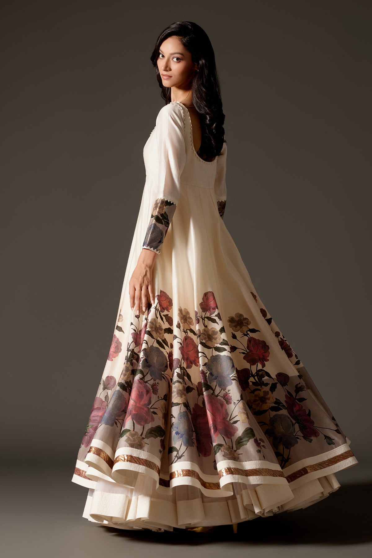 Ivory Printed Anarkali Set With Churidar And Dupatta