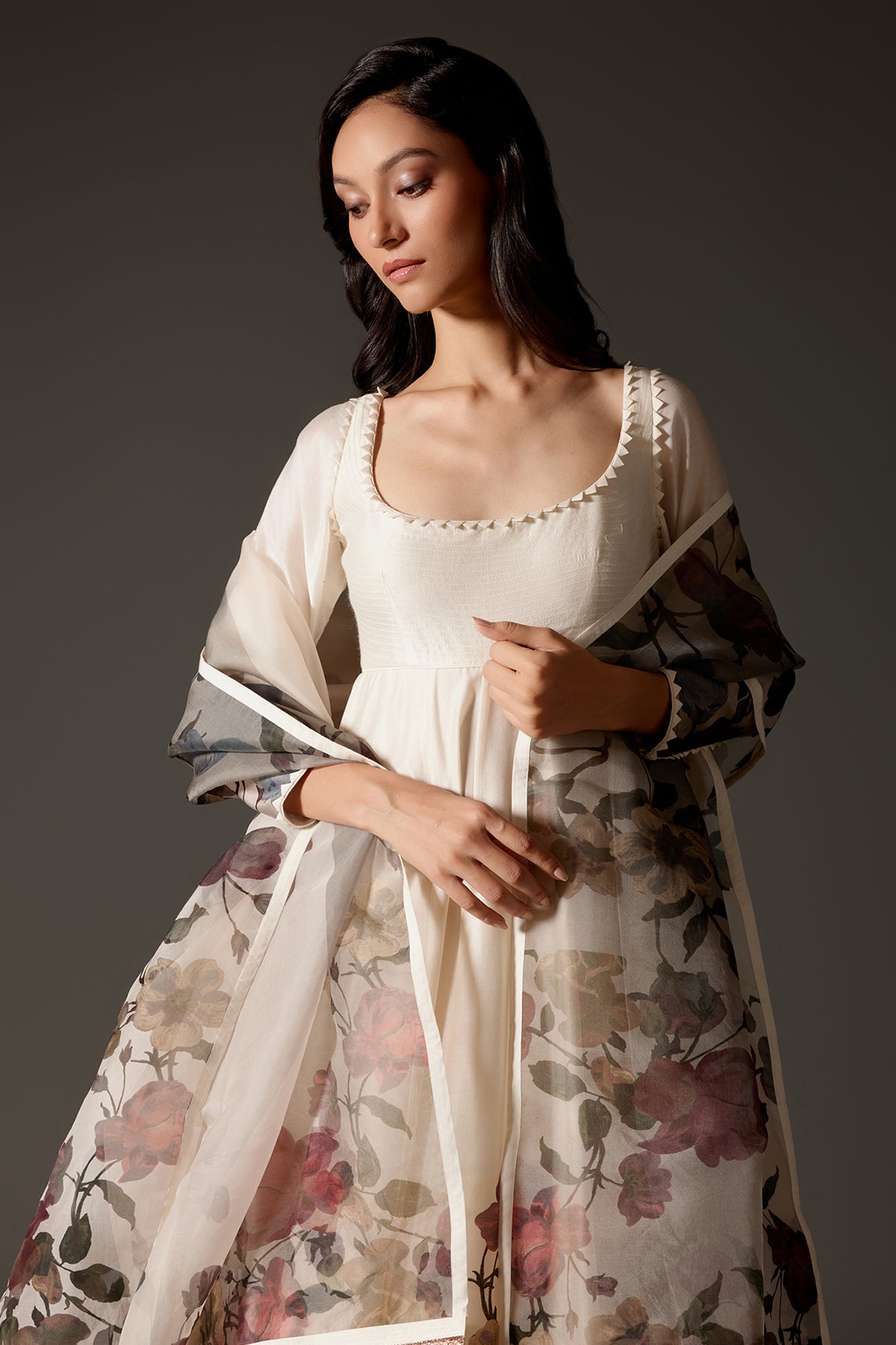 Ivory Printed Anarkali Set With Churidar And Dupatta