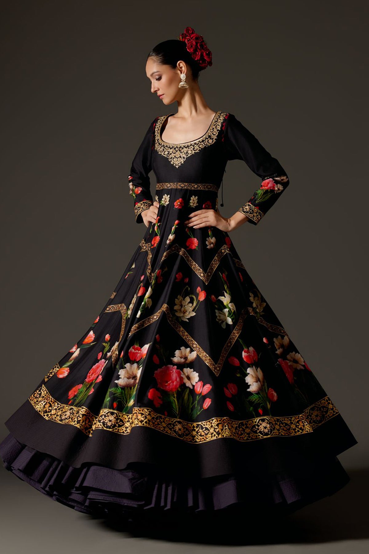 Black With Digital Print And Ari Embroidery Anarkali Set