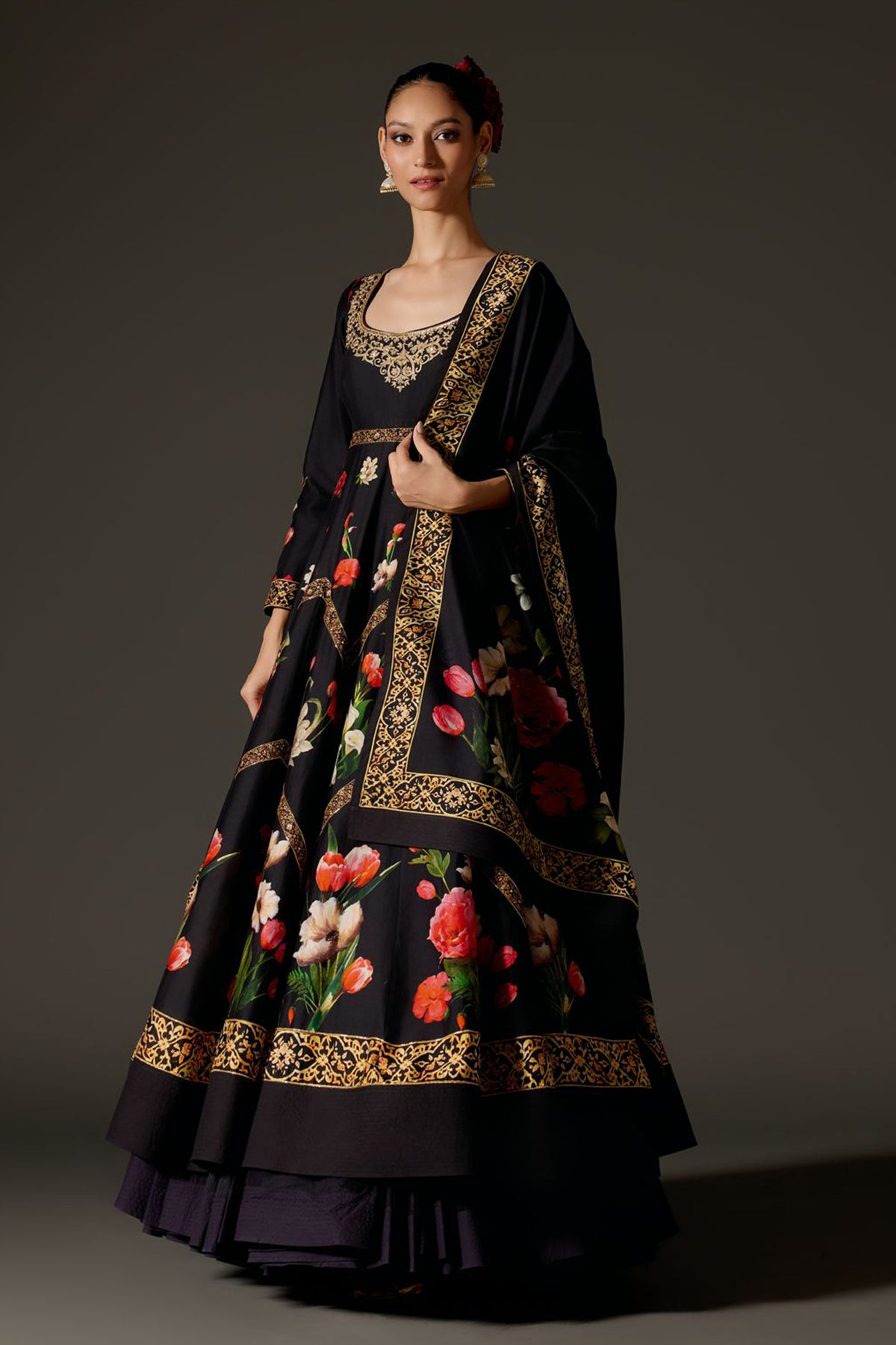 Black With Digital Print And Ari Embroidery Anarkali Set