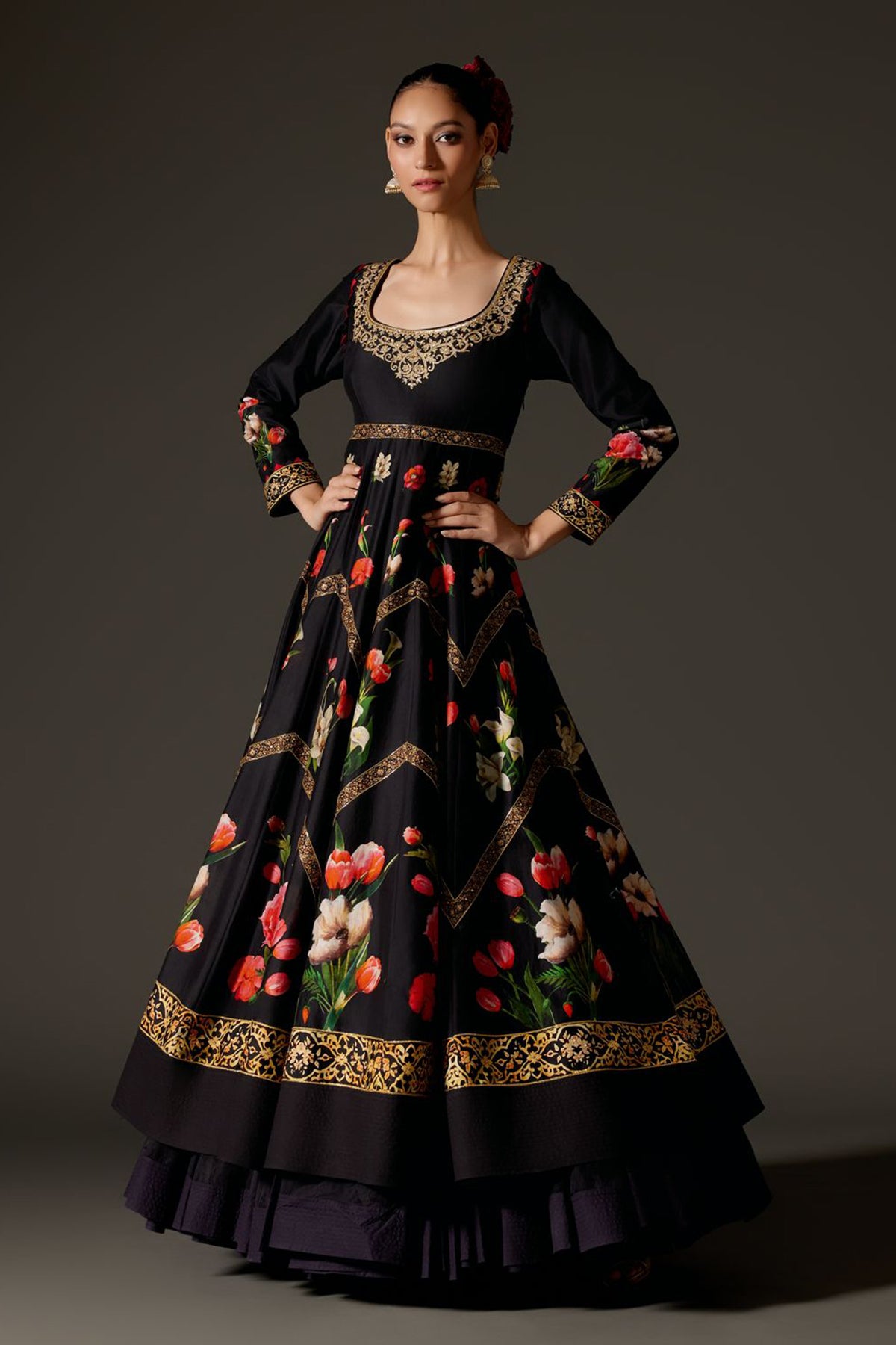 Black With Digital Print And Ari Embroidery Anarkali Set