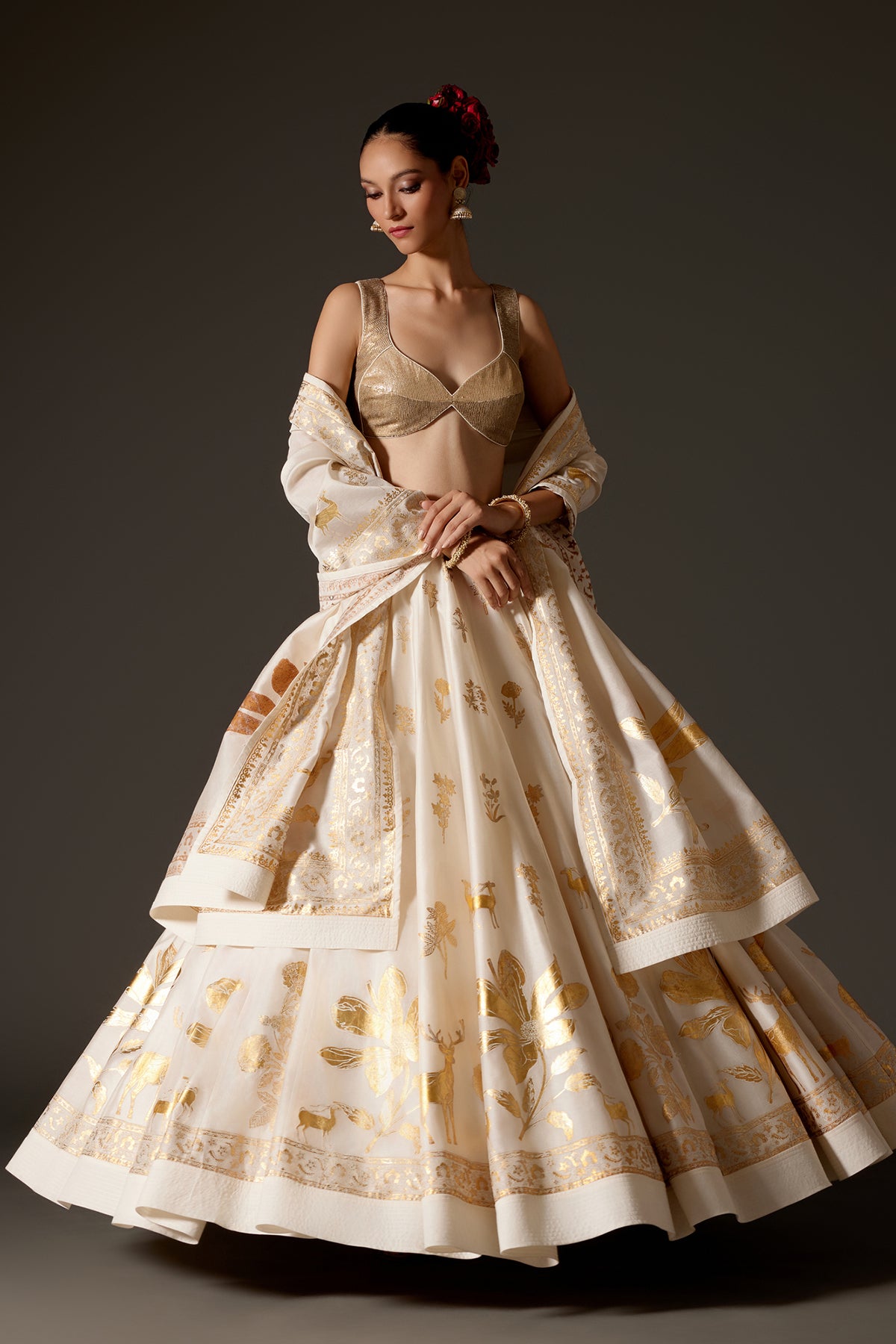 Ivory Chanderi Lehenga Set With Foil Elegance