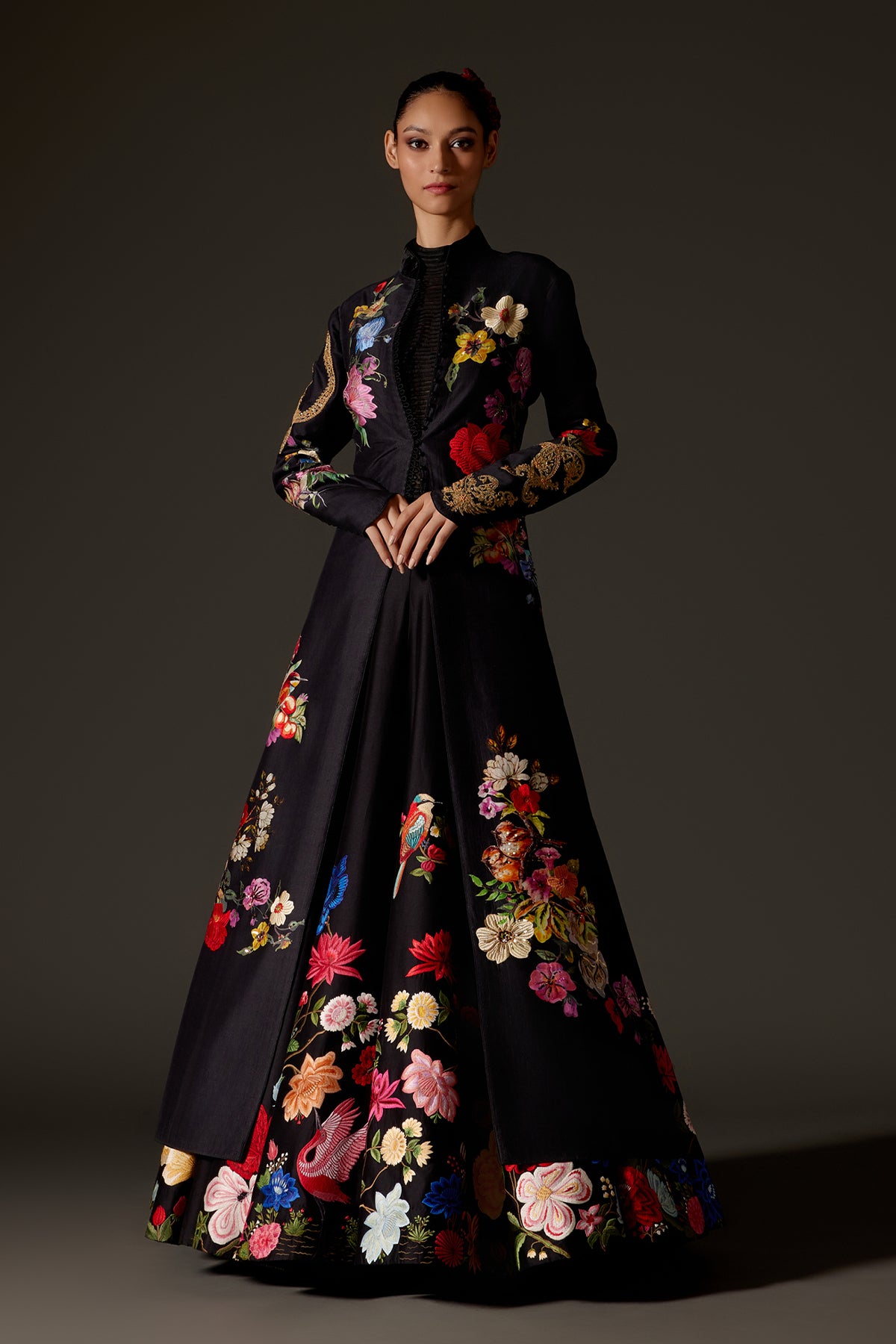 Black Chanderi Long Jacket With Machine Embroidery