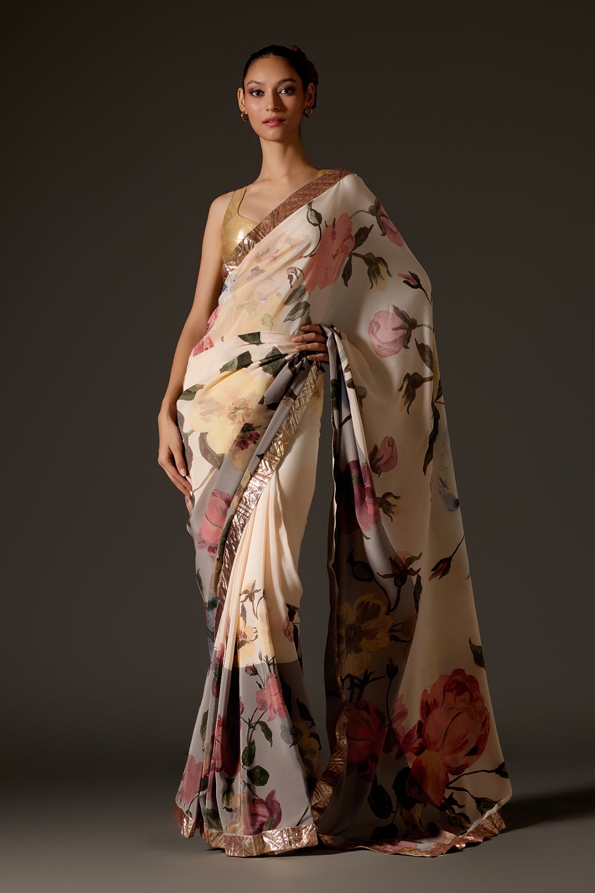 Ivory Crepe Saree With Digital Print And Gotta Detailing