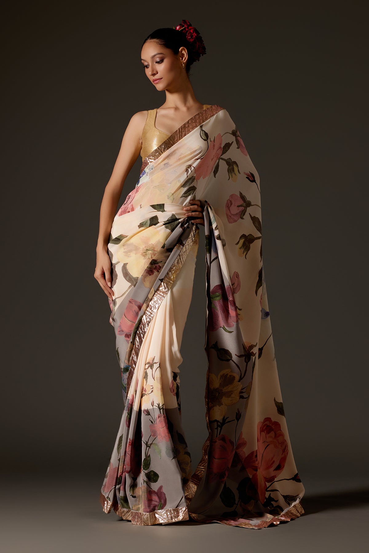 Ivory Crepe Saree With Digital Print And Gotta Detailing