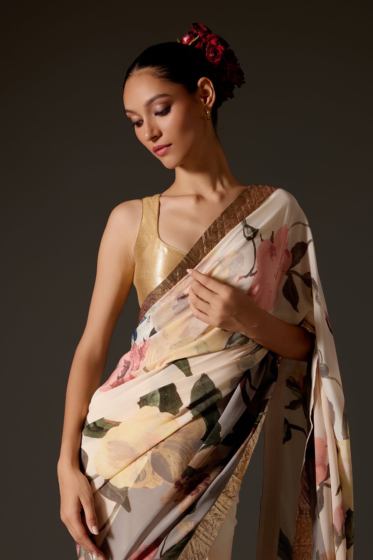 Ivory Crepe Saree With Digital Print And Gotta Detailing