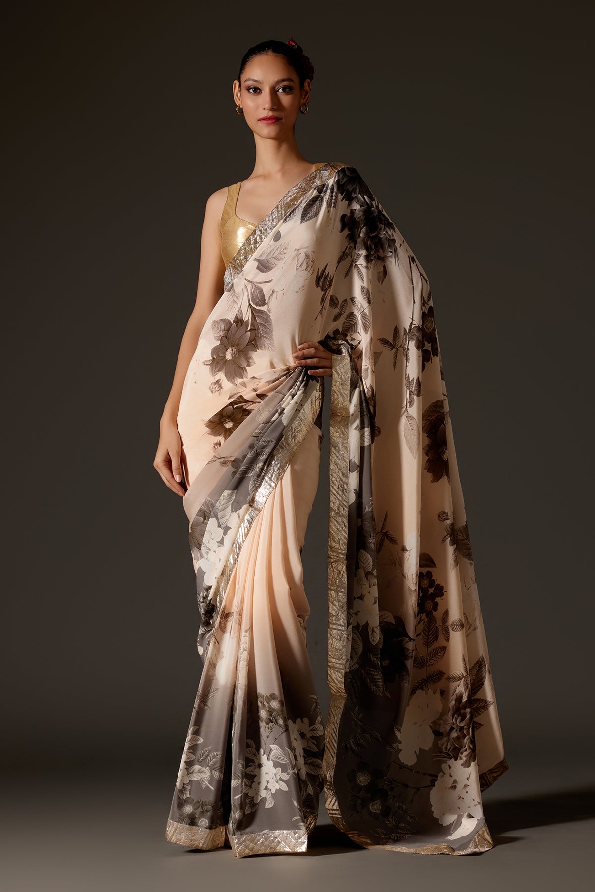 Elegant Crepe Saree With Floral Digital Print & Gotta Border