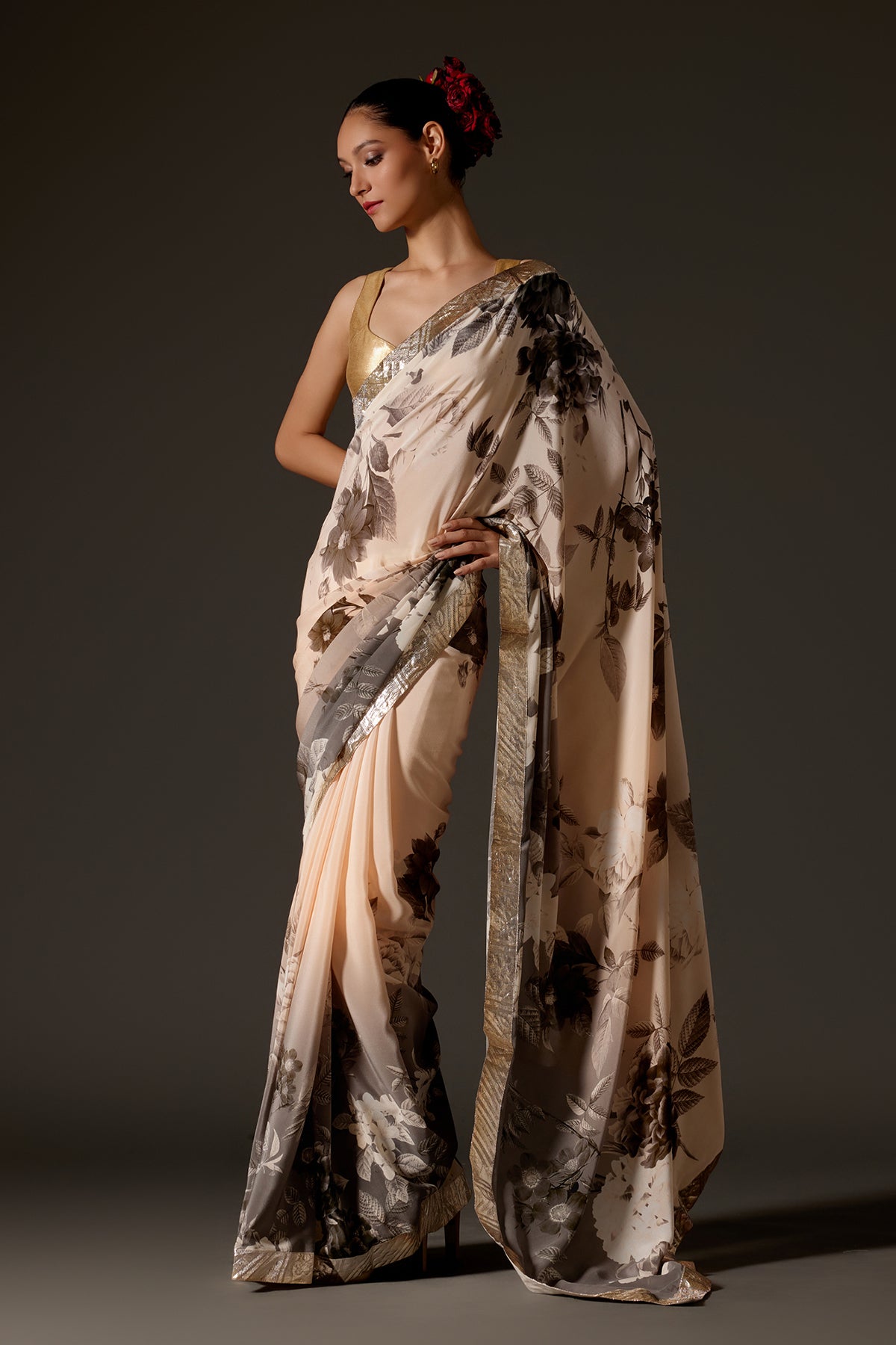 Elegant Crepe Saree With Floral Digital Print & Gotta Border