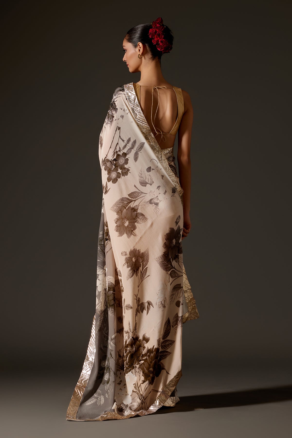 Elegant Crepe Saree With Floral Digital Print & Gotta Border