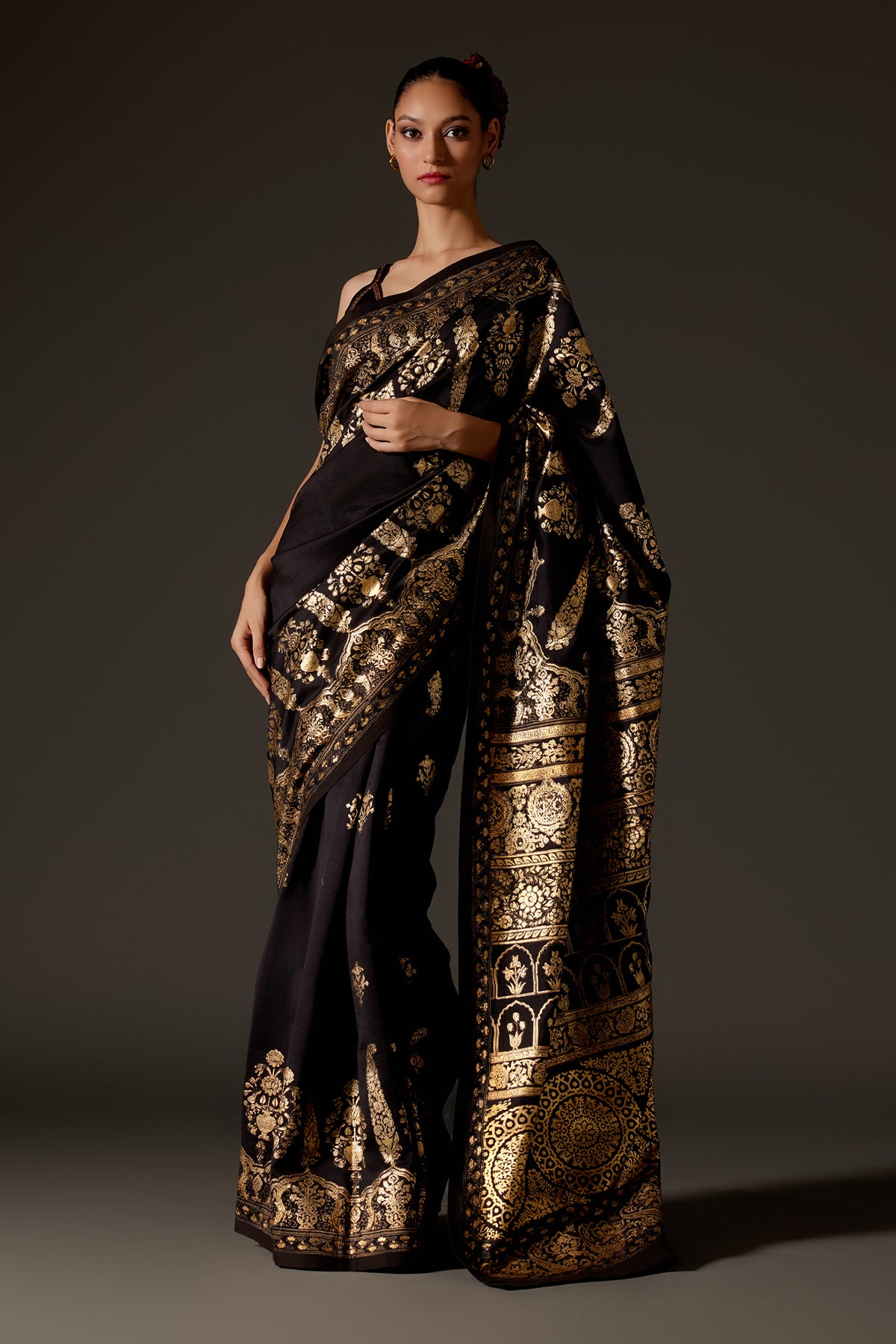 Black Chanderi Saree With Foil Print