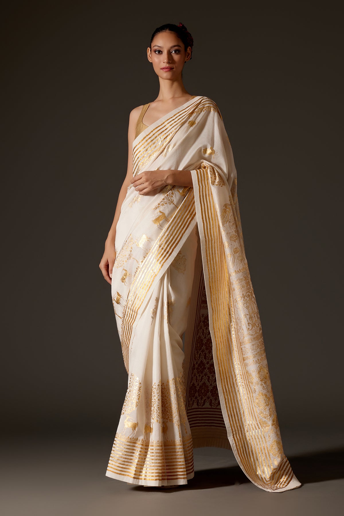 Ivory Chanderi Saree With Foil Print