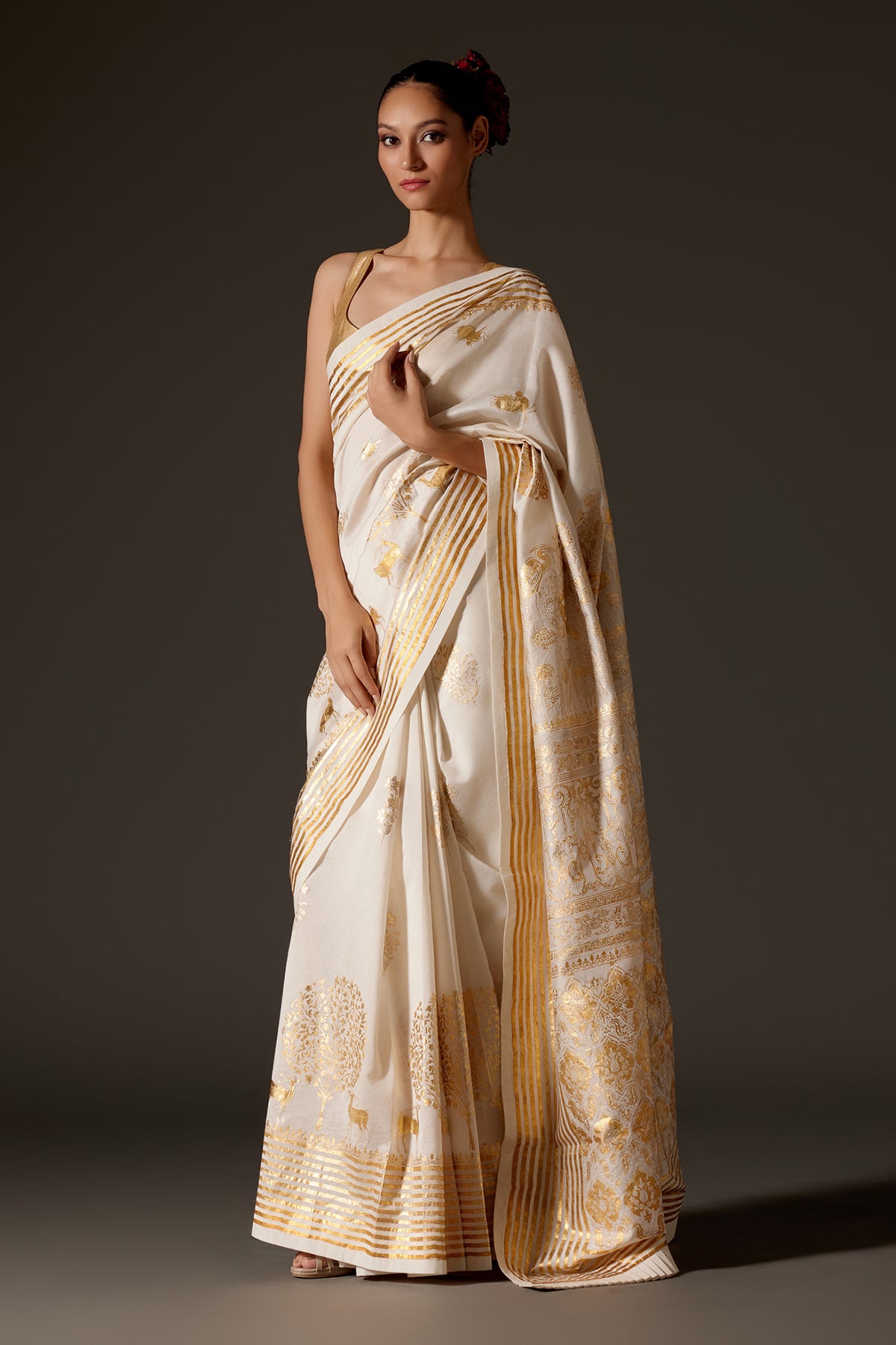 Ivory Chanderi Saree With Foil Print