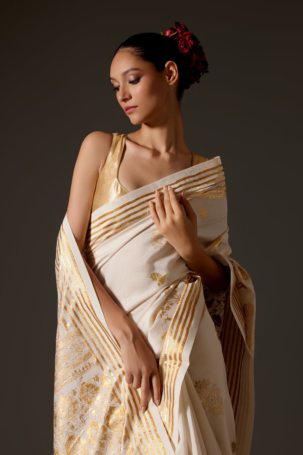 Ivory Chanderi Saree With Foil Print