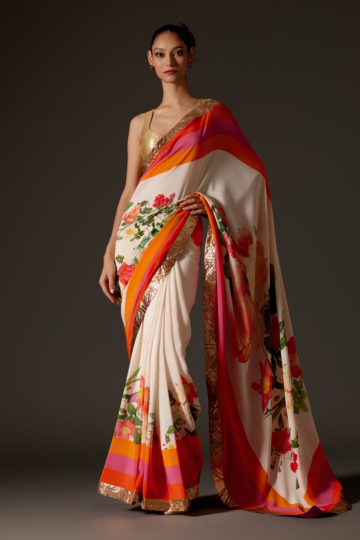 Digital Print Ivory Crepe Saree With Gotta Detailing