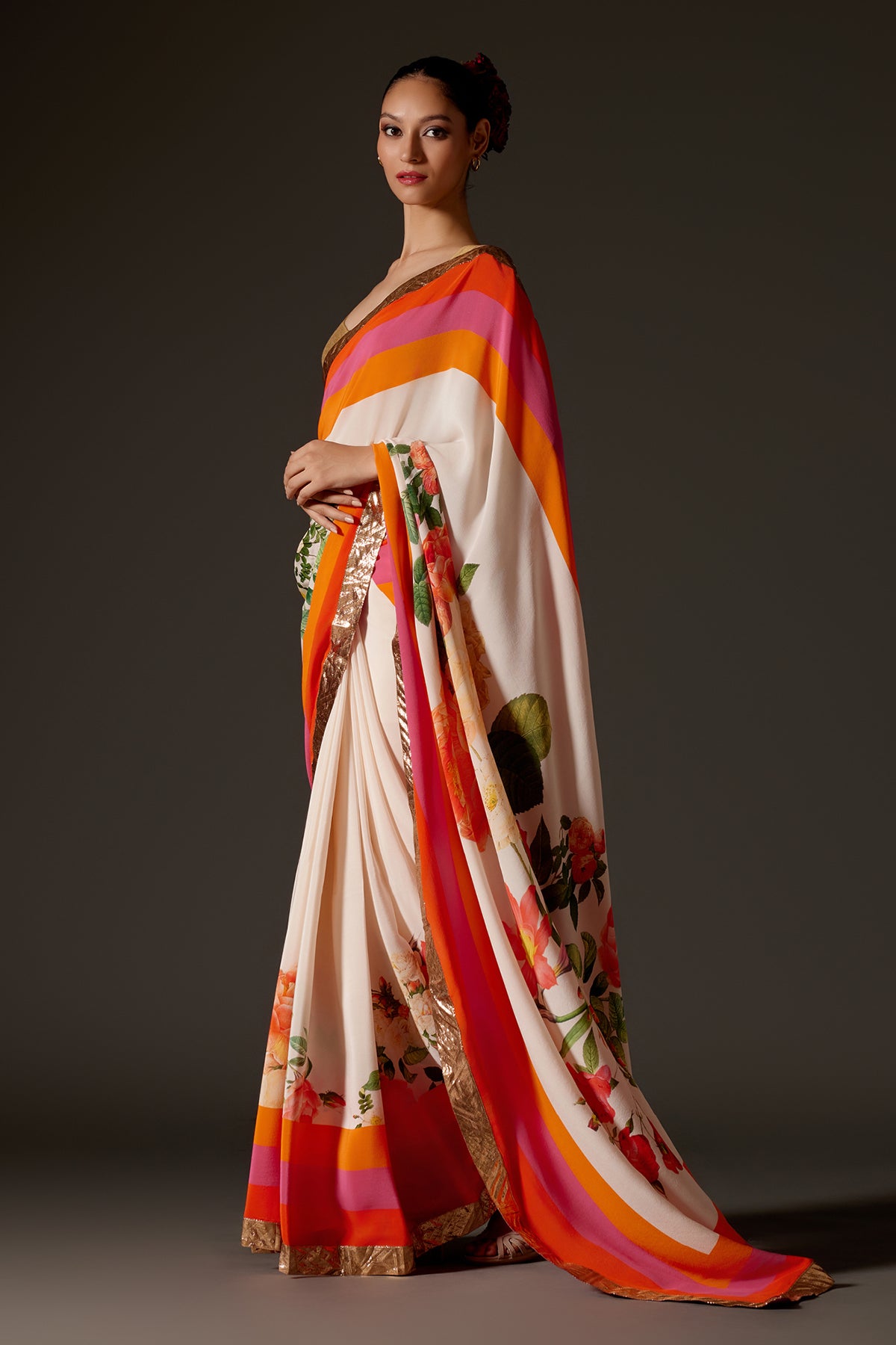 Digital Print Ivory Crepe Saree With Gotta Detailing