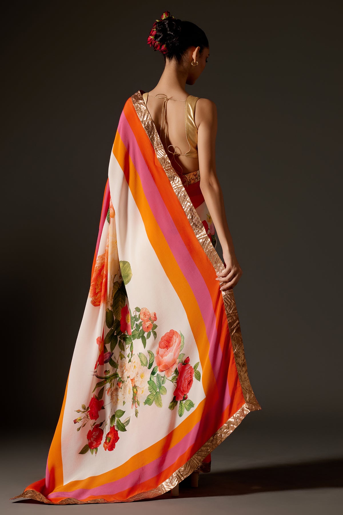 Digital Print Ivory Crepe Saree With Gotta Detailing