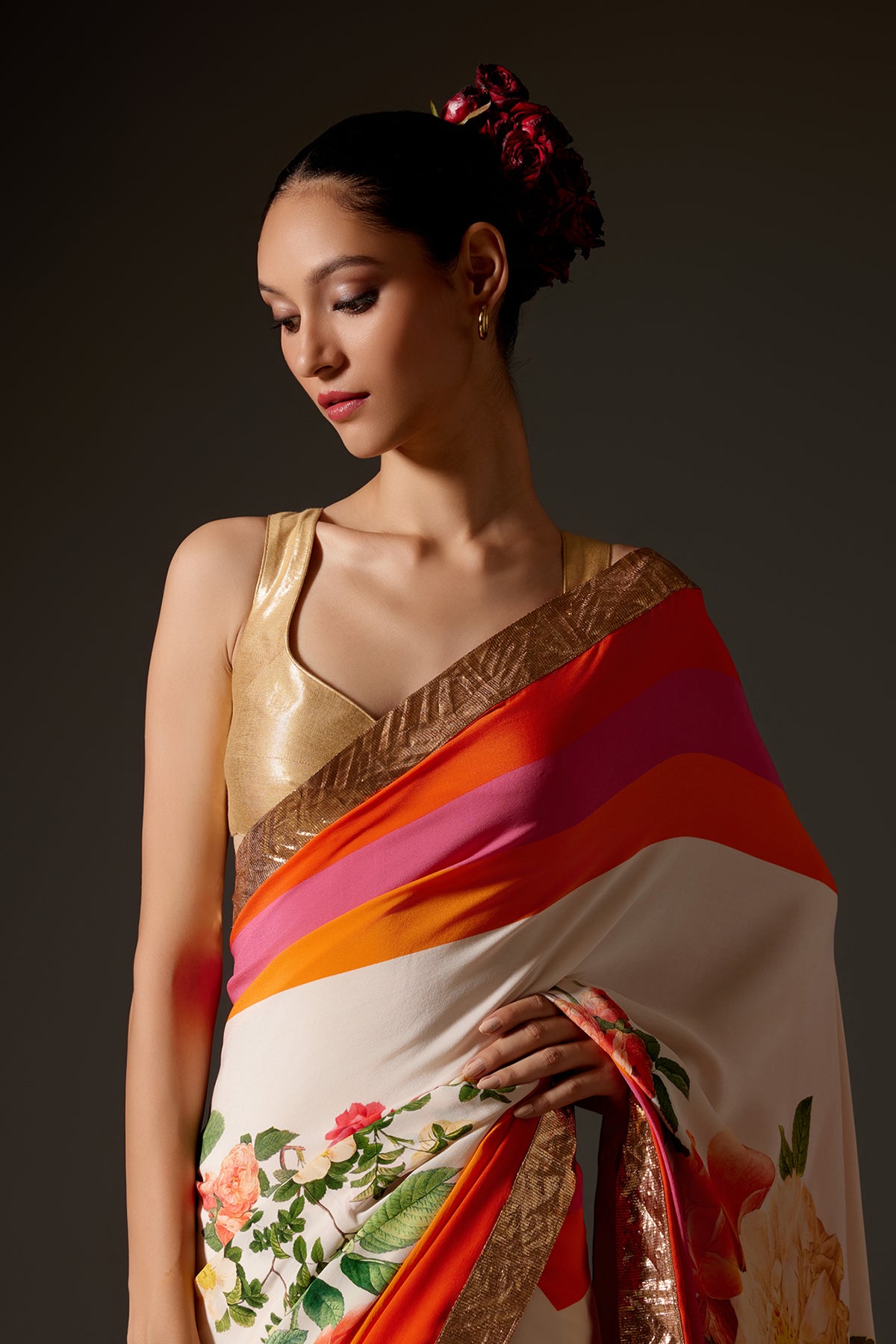 Digital Print Ivory Crepe Saree With Gotta Detailing