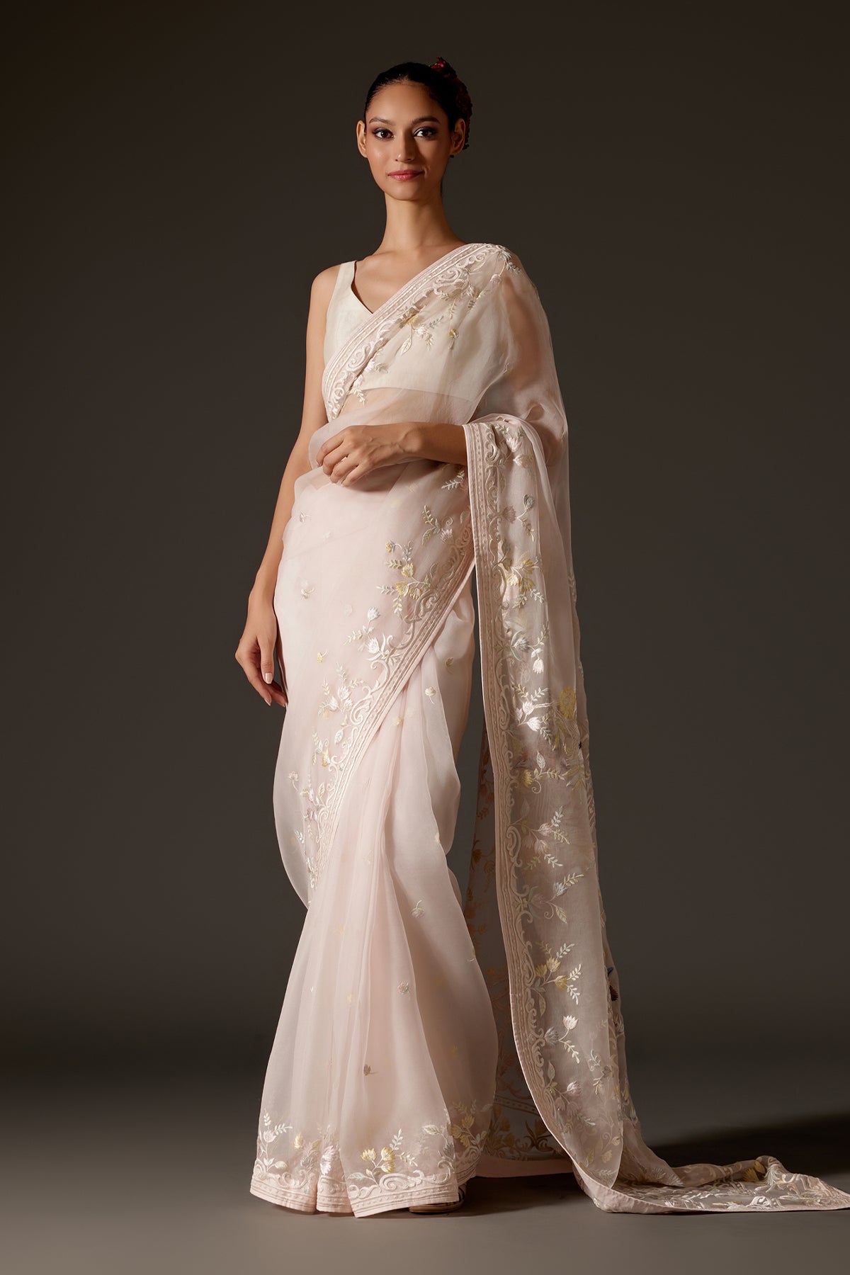 Powder Pink Organza Saree With Chanderi Frill