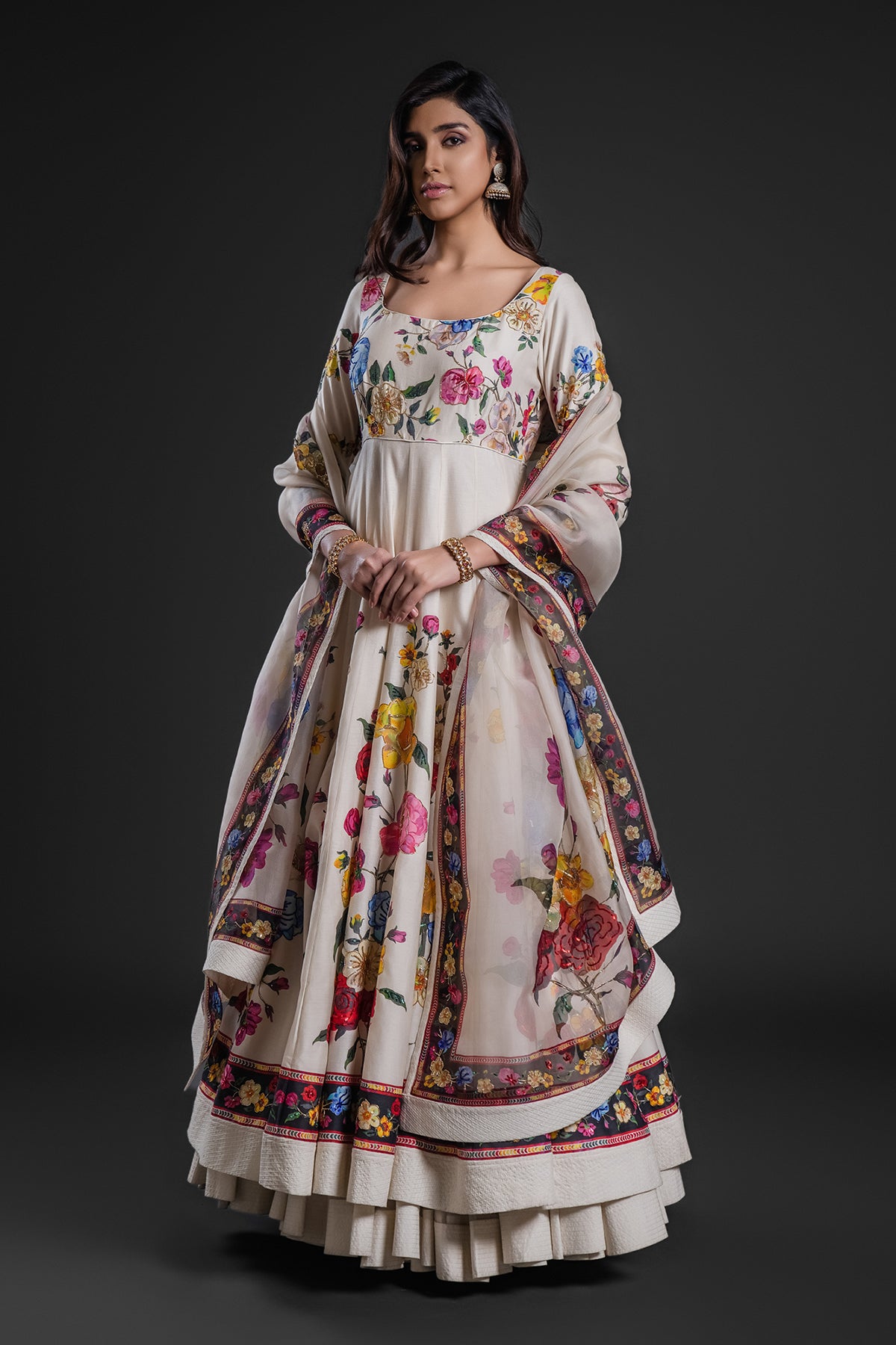 Embroidered Chanderi Anarkali Set With Dupatta Ivory Floral Digital Print