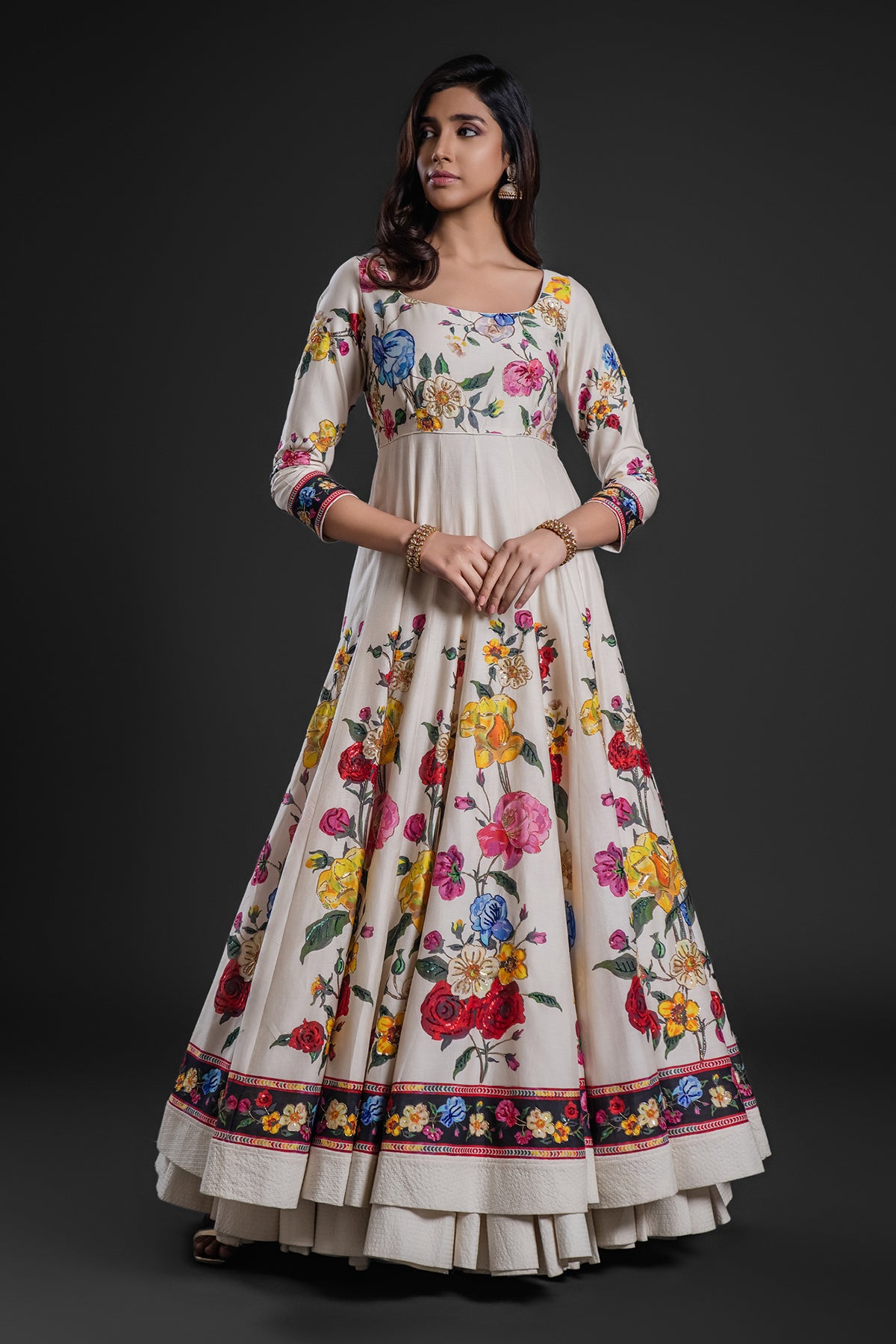 Embroidered Chanderi Anarkali Set With Dupatta Ivory Floral Digital Print