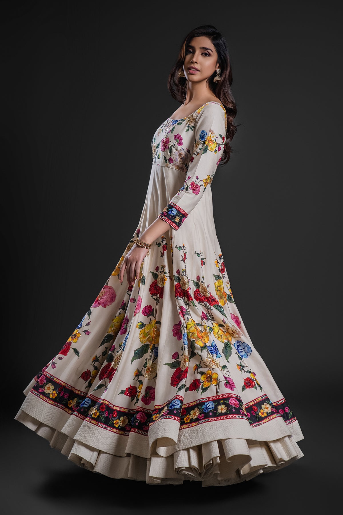 Embroidered Chanderi Anarkali Set With Dupatta Ivory Floral Digital Print