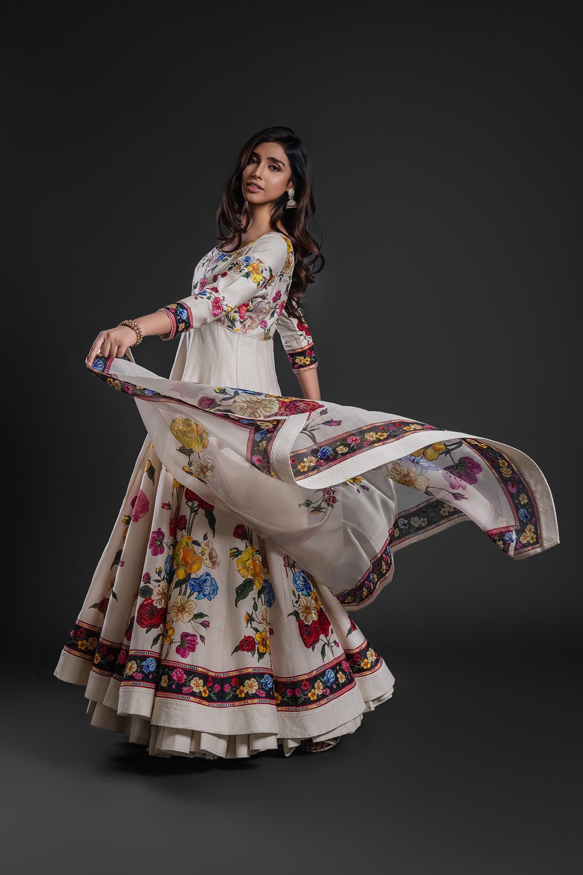 Embroidered Chanderi Anarkali Set With Dupatta Ivory Floral Digital Print