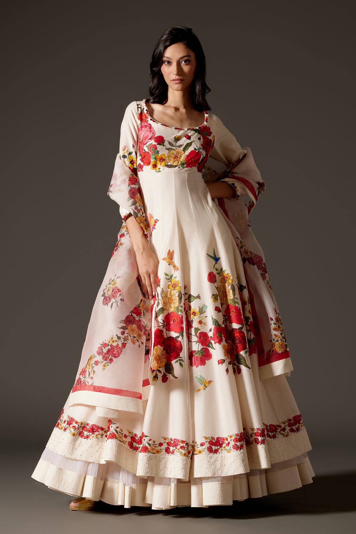 Ivory Printed Anarkali Set With Churidar And Dupatta