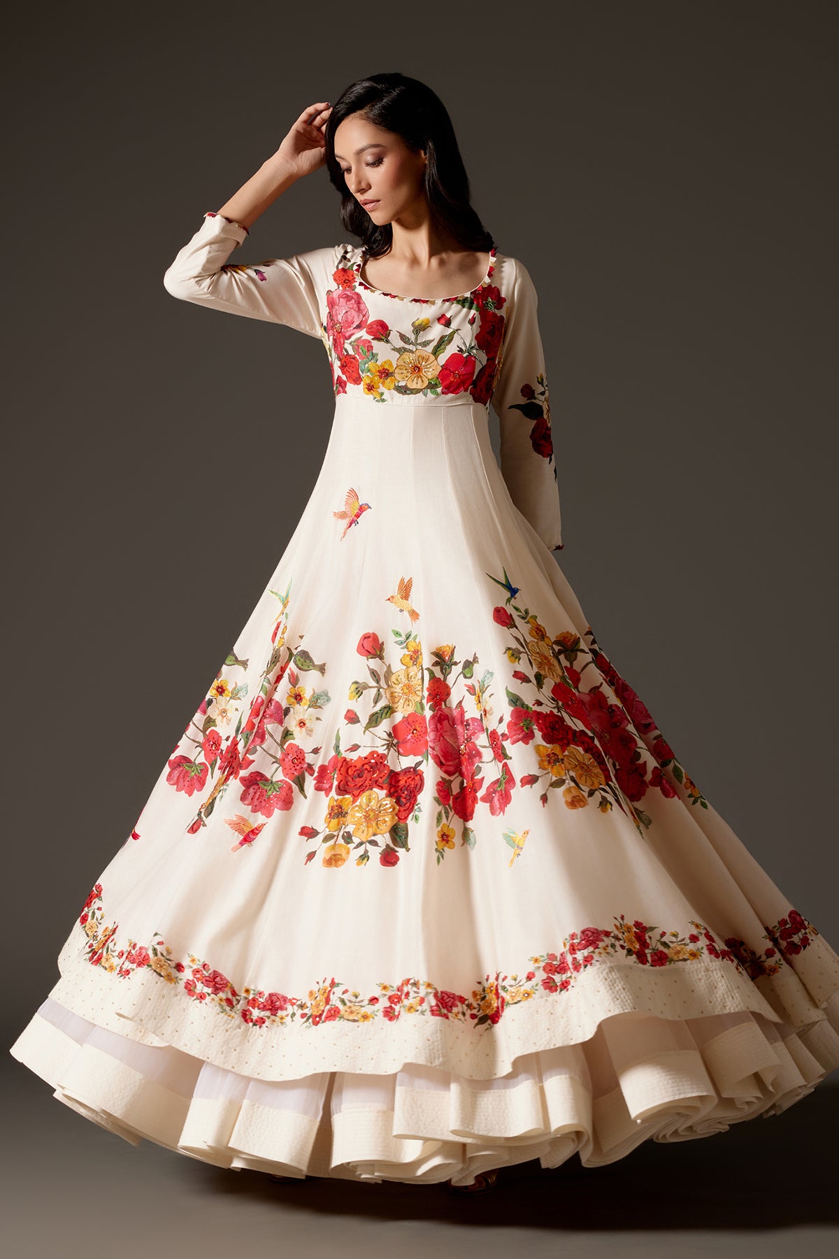 Ivory Printed Anarkali Set With Churidar And Dupatta