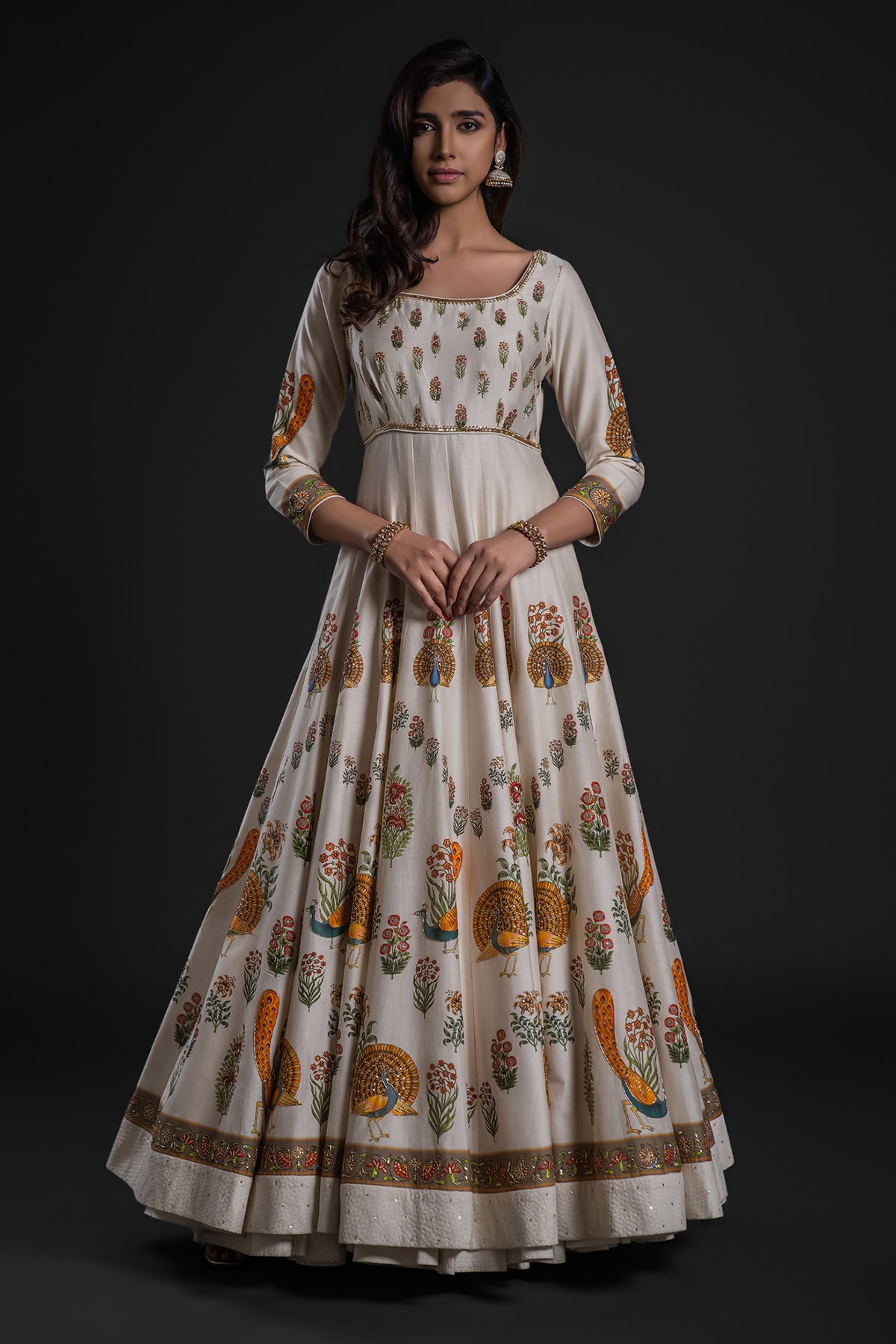 Ivory Anarkali Set With Chudidar And Organza Dupatta